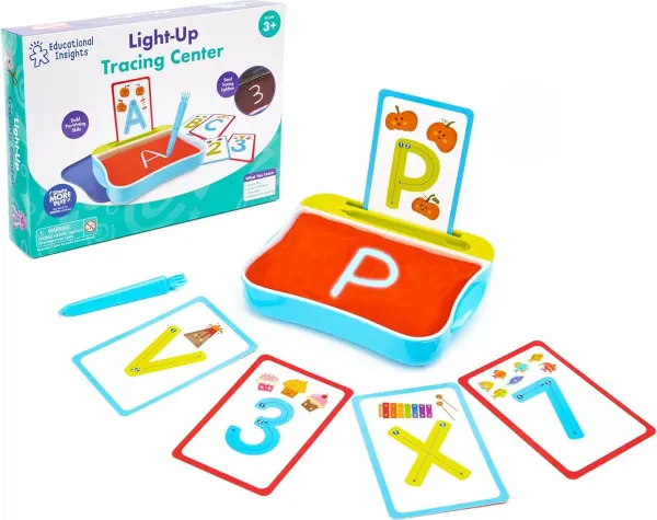 Light-up sand tray with stylus and letter and number cards